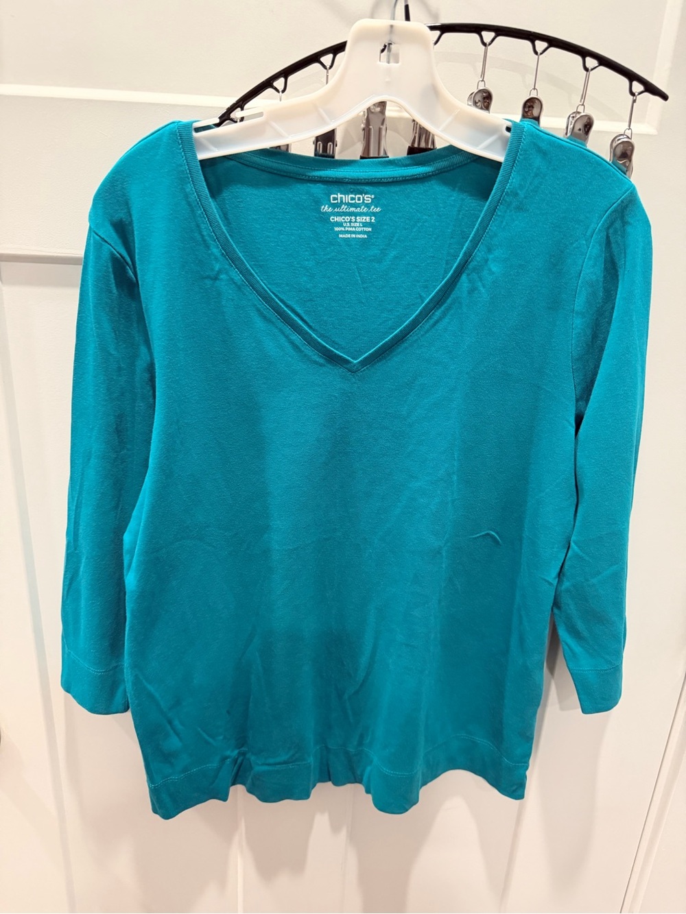 Chico’s Ultimate Tee Teal Pima Cotton V Neck 3/4 Sleeve Top Size 2 Large
